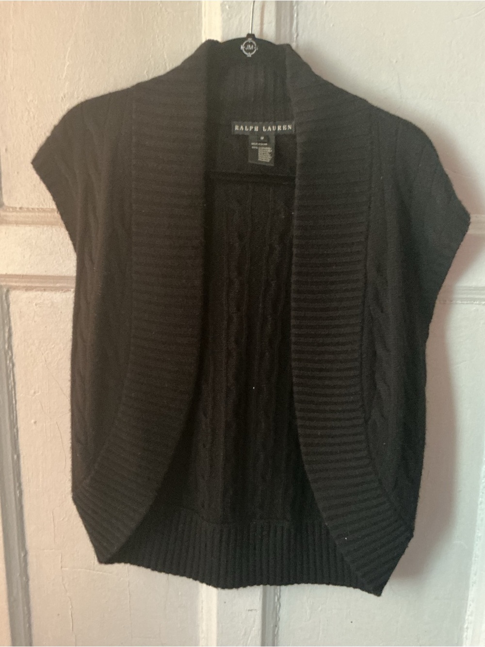 Ralph Lauren Black Cable Knit Open-Front Sweater Shrug